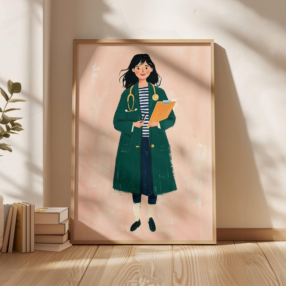 Female Doctor Illustration Green Coat Stethoscope Art Poster