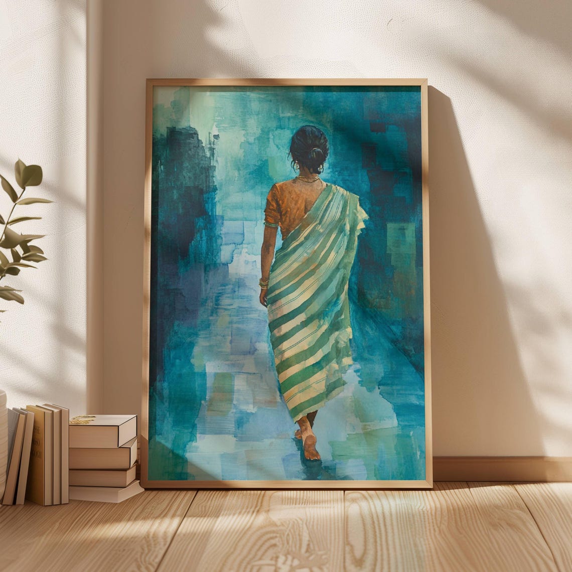 Indian Woman in Sari Teal Watercolor Figure Walking Away Poster