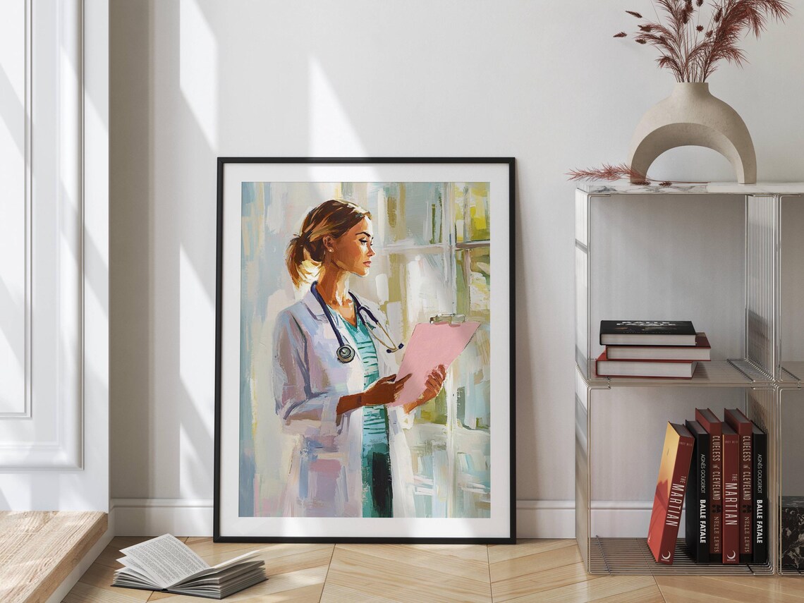 Female Doctor with Stethoscope and Clipboard Watercolor Poster