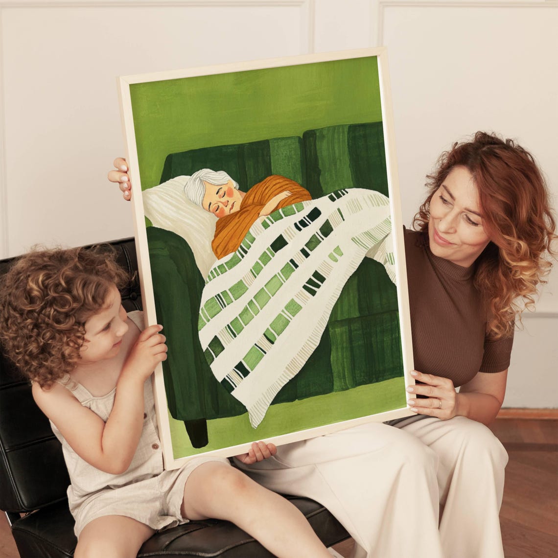 Sleeping Grandmother on Sofa Green Cozy Illustration Art Poster - Image 2