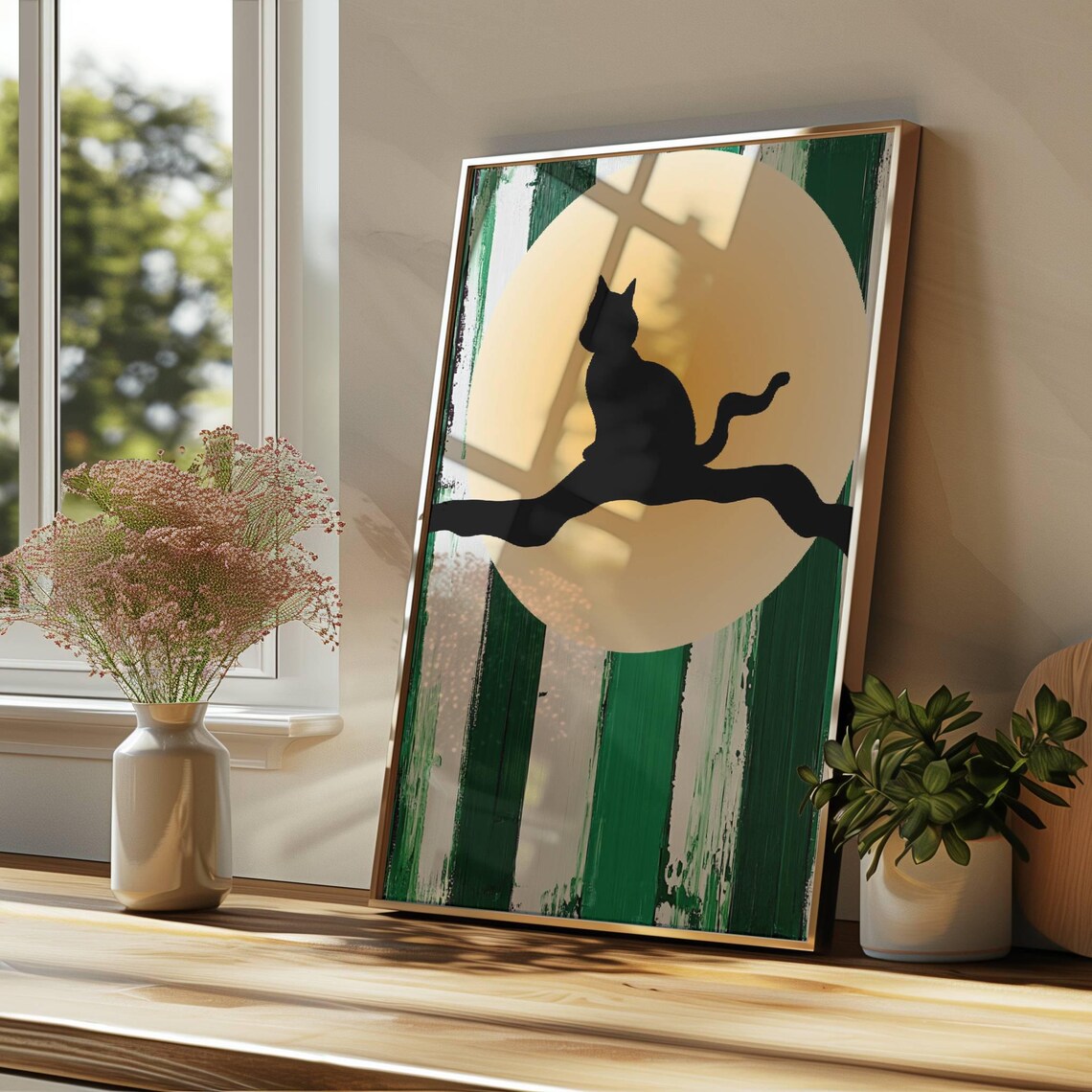 Black Cat Silhouette On Branch Before Full Moon Modern Green Stripe Poster - Image 2