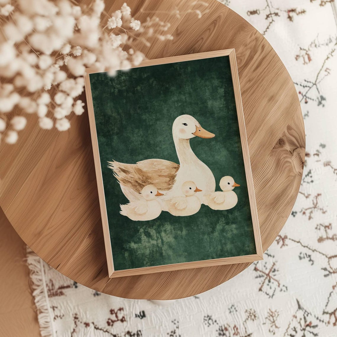 Mother Duck With Three Ducklings Green Nursery Decor Art Poster - Image 3