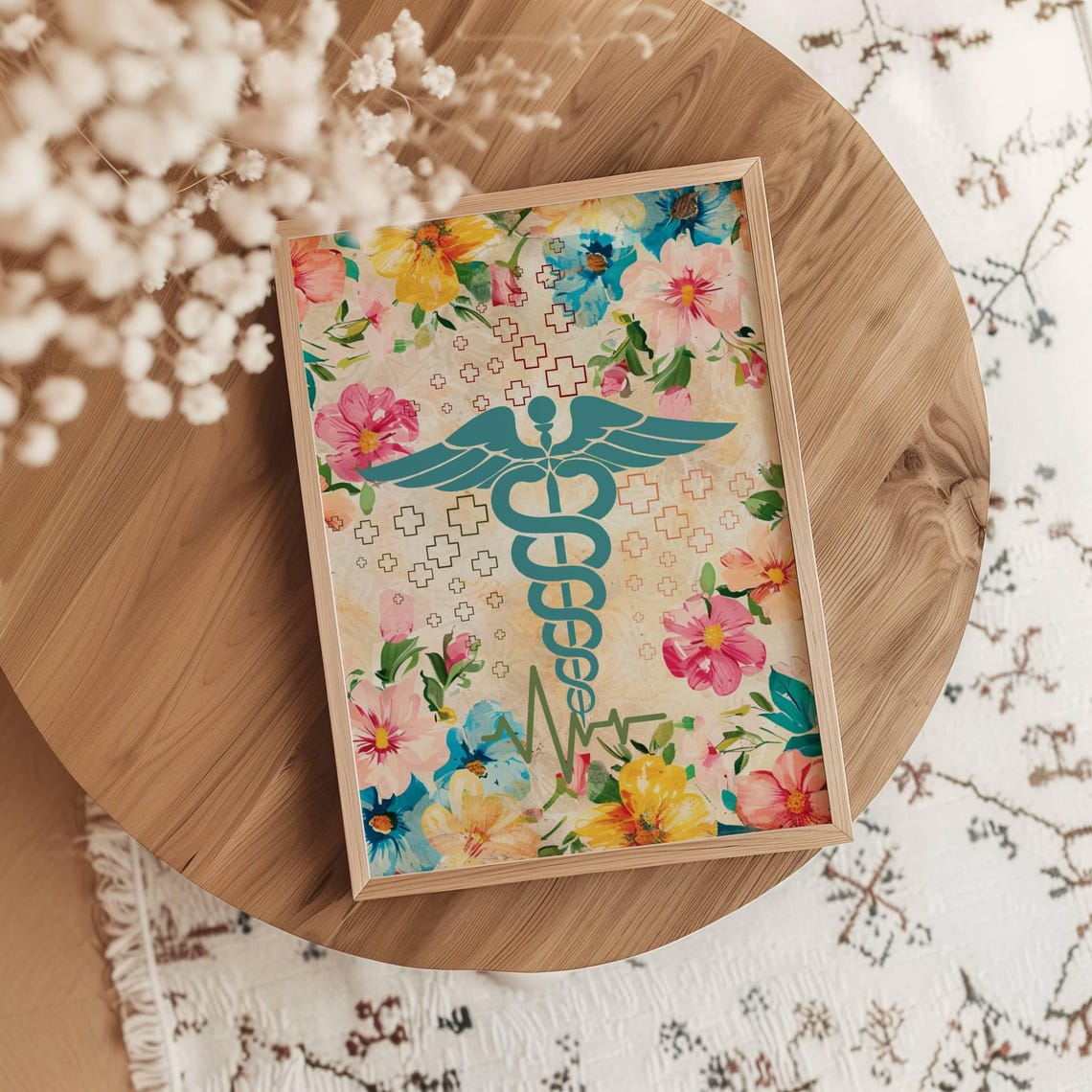 Teal Caduceus Floral Watercolor Medical Student Gift Art Poster - Image 2