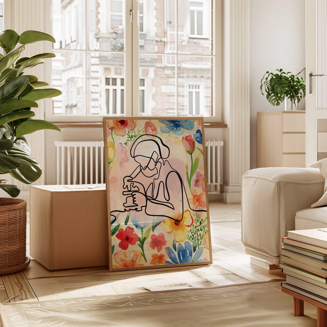 Line Art Scientist With Microscope Floral Watercolor Gift Poster - Image 3