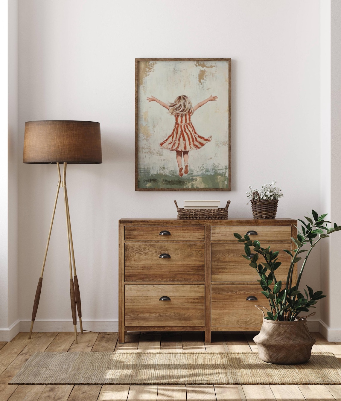 Girl in Red Striped Dress Jumping with Arms Raised Art Poster - Image 3