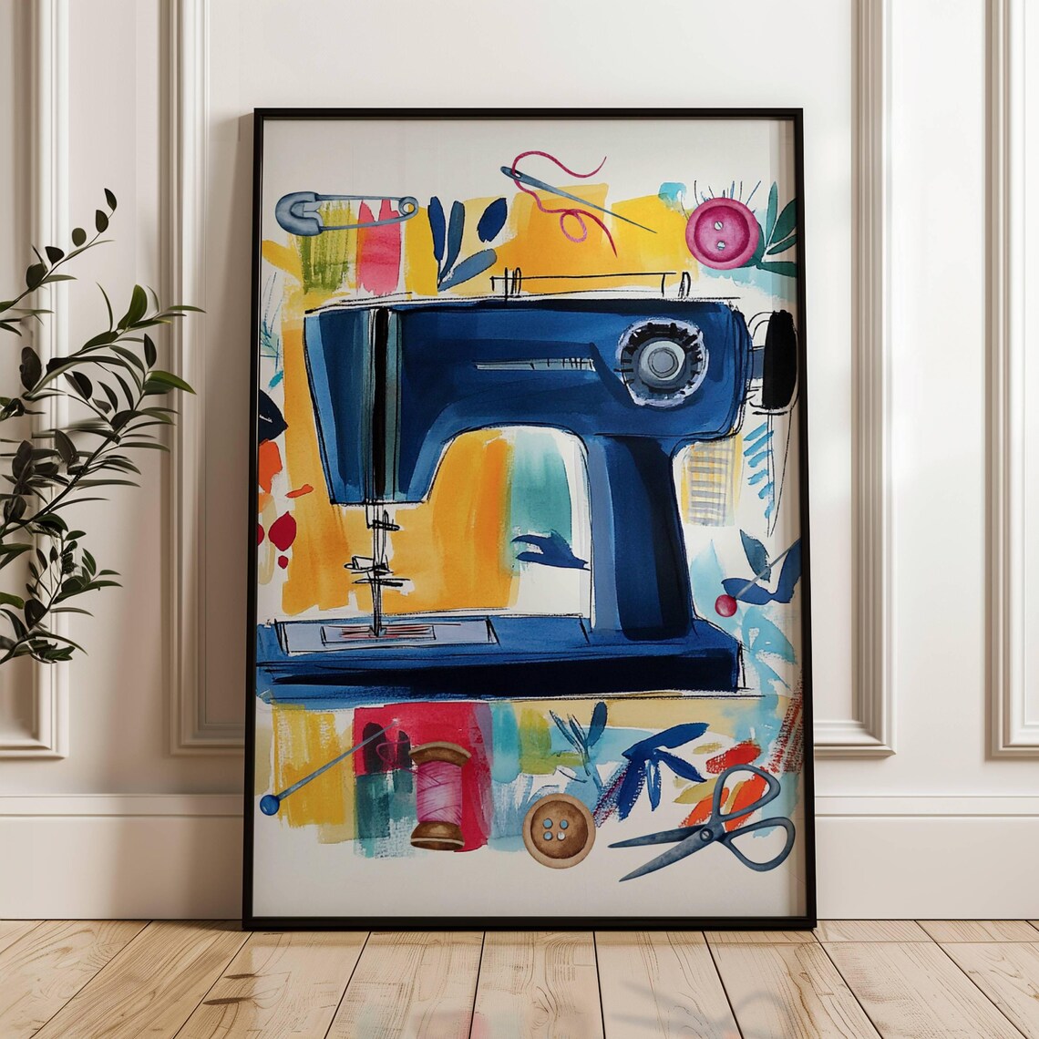 Blue Sewing Machine Notions Watercolor Craft Room Art Poster