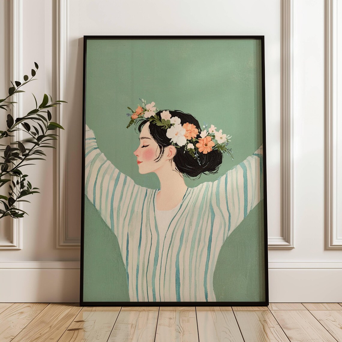 Girl with Flower Crown Arms Raised on Green Abstract Figure Art Poster - Image 2
