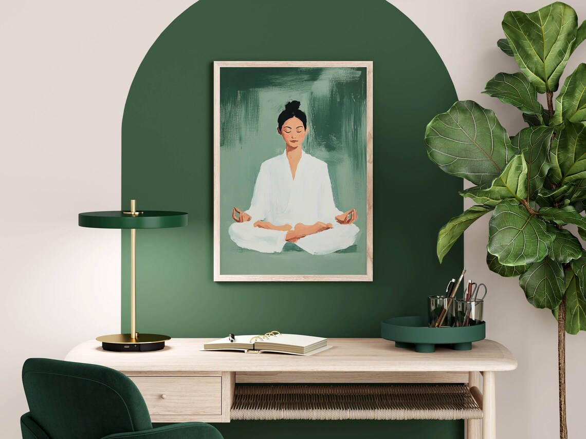 Woman Meditating in White Robe Green Background Yoga Zen Mindfulness Poster - Image 6