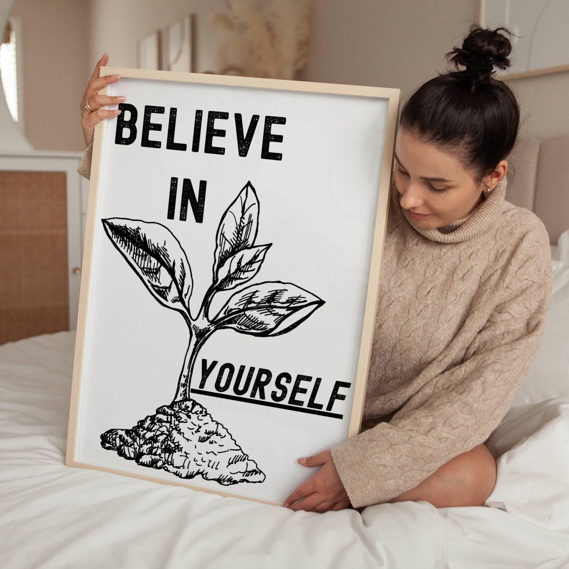 Believe In Yourself Growing Plant Black And White Motivational Quote Poster - Image 2