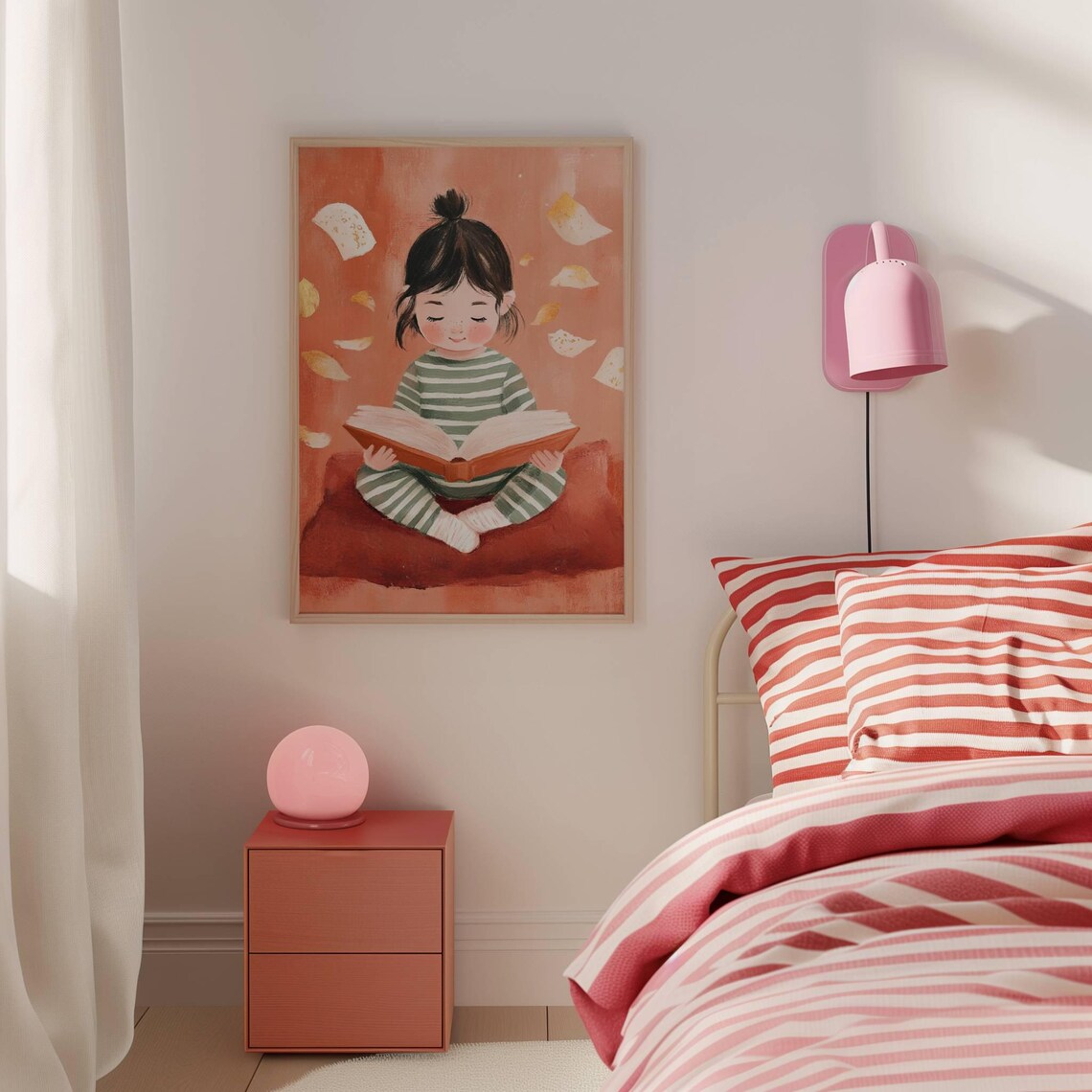 Little Girl Reading Book in Striped Pajamas Kids Room Art Poster - Image 2