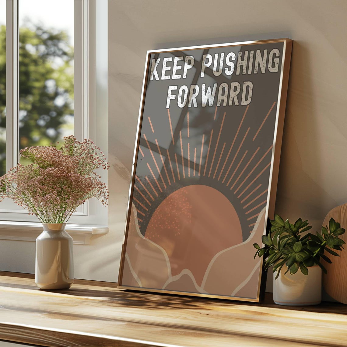 Keep Pushing Forward Boho Sunrise Minimalist Motivational Quote Poster - Image 4