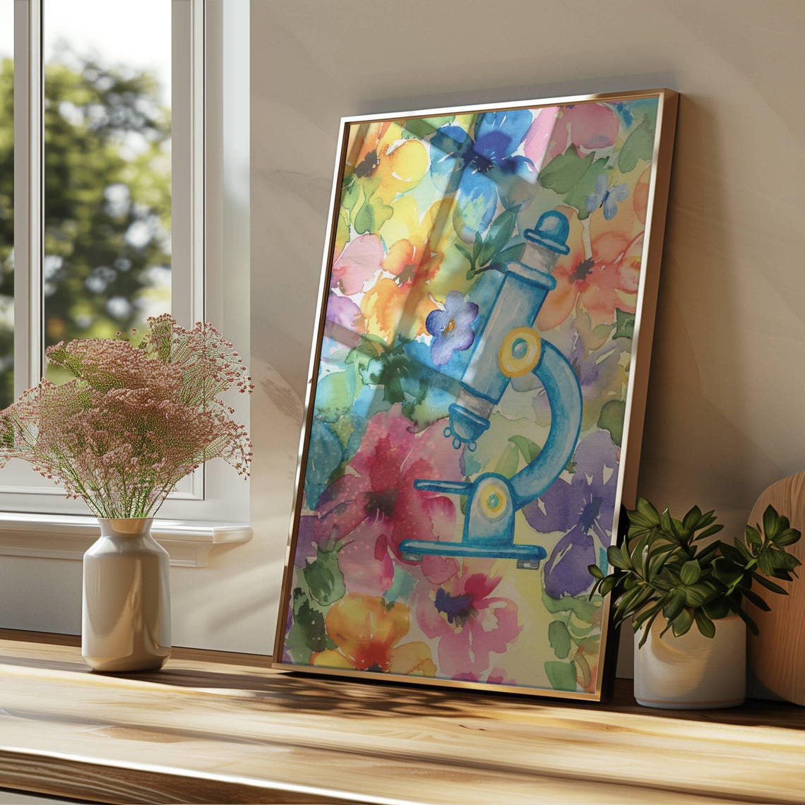 Blue Microscope Colorful Floral Watercolor Science Art Poster - Image 3