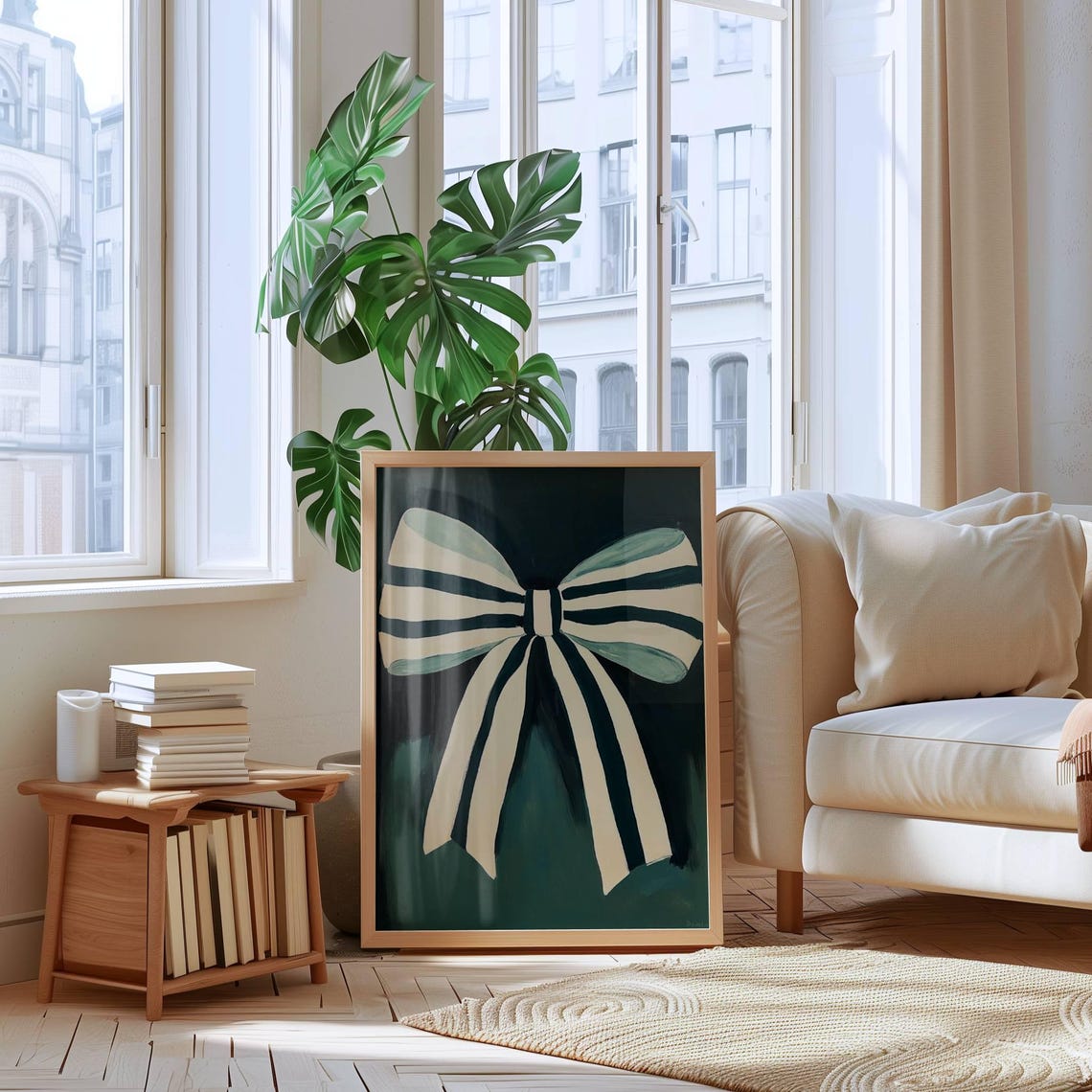 Emerald Green Striped Bow Painting Minimalist Preppy Chic Decor Poster - Image 3
