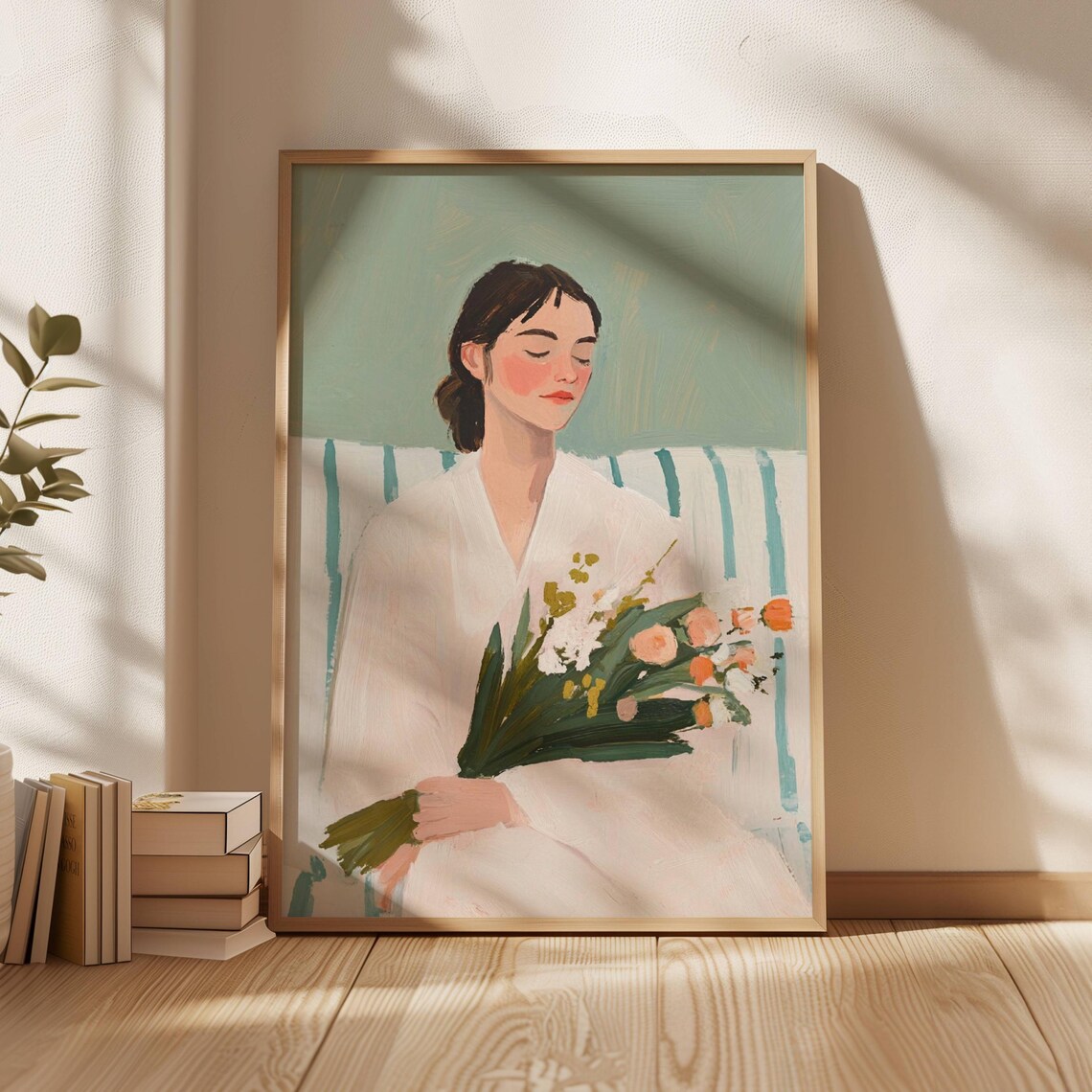 Woman in White Holding Flower Bouquet Soft Green Minimalist Art Poster