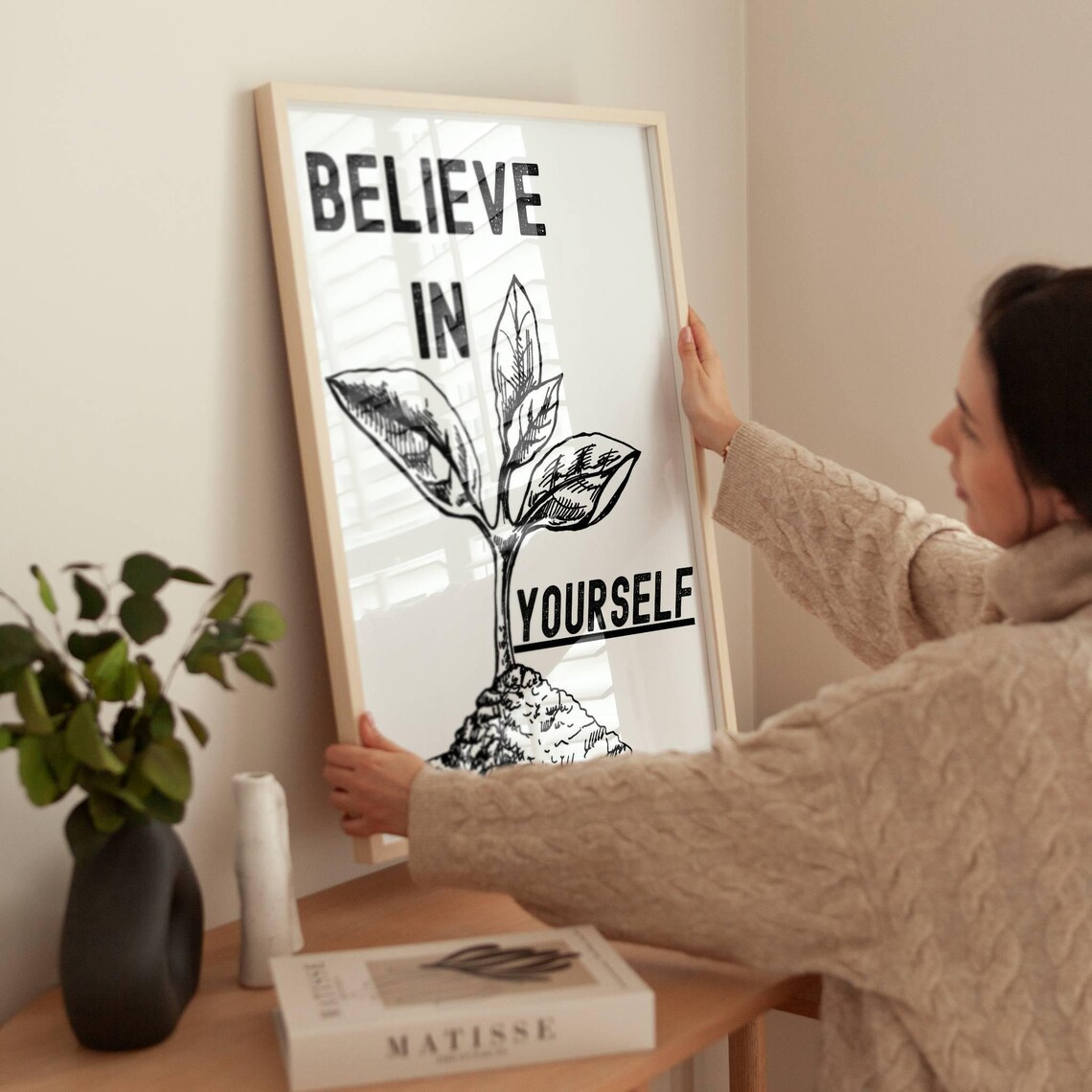 Believe In Yourself Growing Plant Black And White Motivational Quote Poster - Image 3