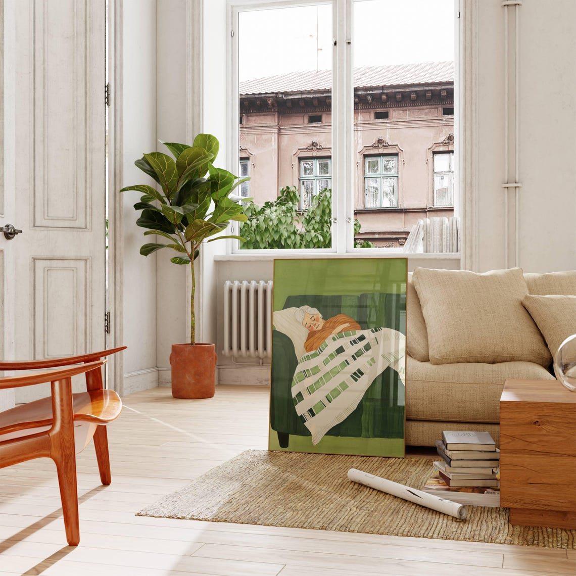 Sleeping Grandmother on Sofa Green Cozy Illustration Art Poster - Image 3