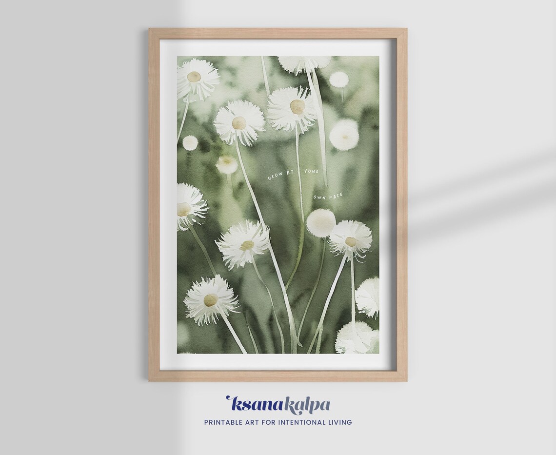 Grow At Your Own Pace White Daisy Meadow Watercolor Flower Poster