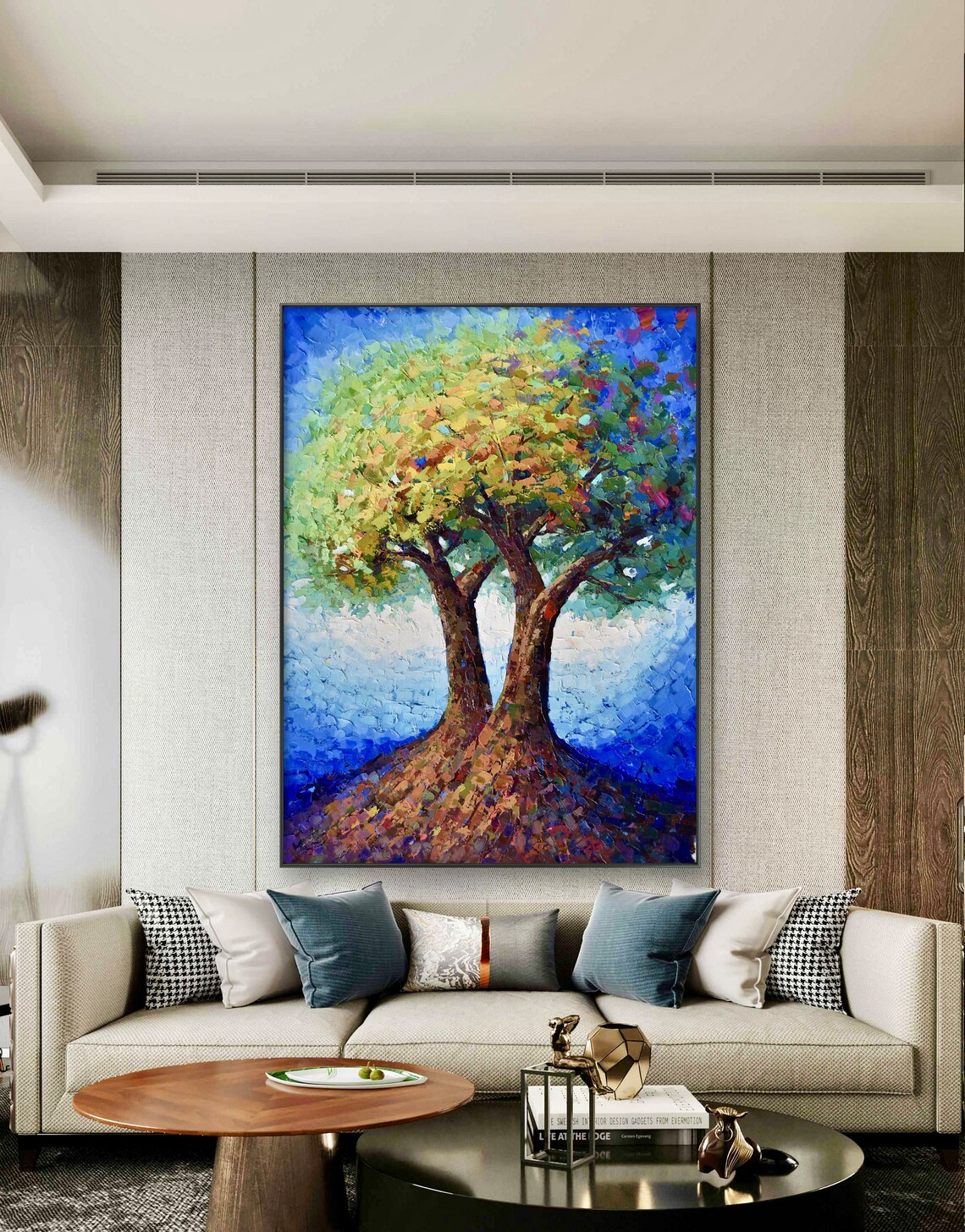 Colorful Tree Of Life Palette Knife Painting On Deep Blue Print