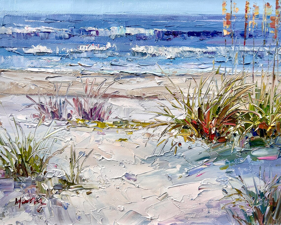 Beach Dunes Sea Oats Ocean Waves Coastal Landscape Oil Poster - Image 4