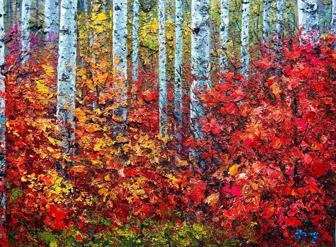 White Birch Trunks Oil Painting Red Autumn Undergrowth Texture Poster - Image 2