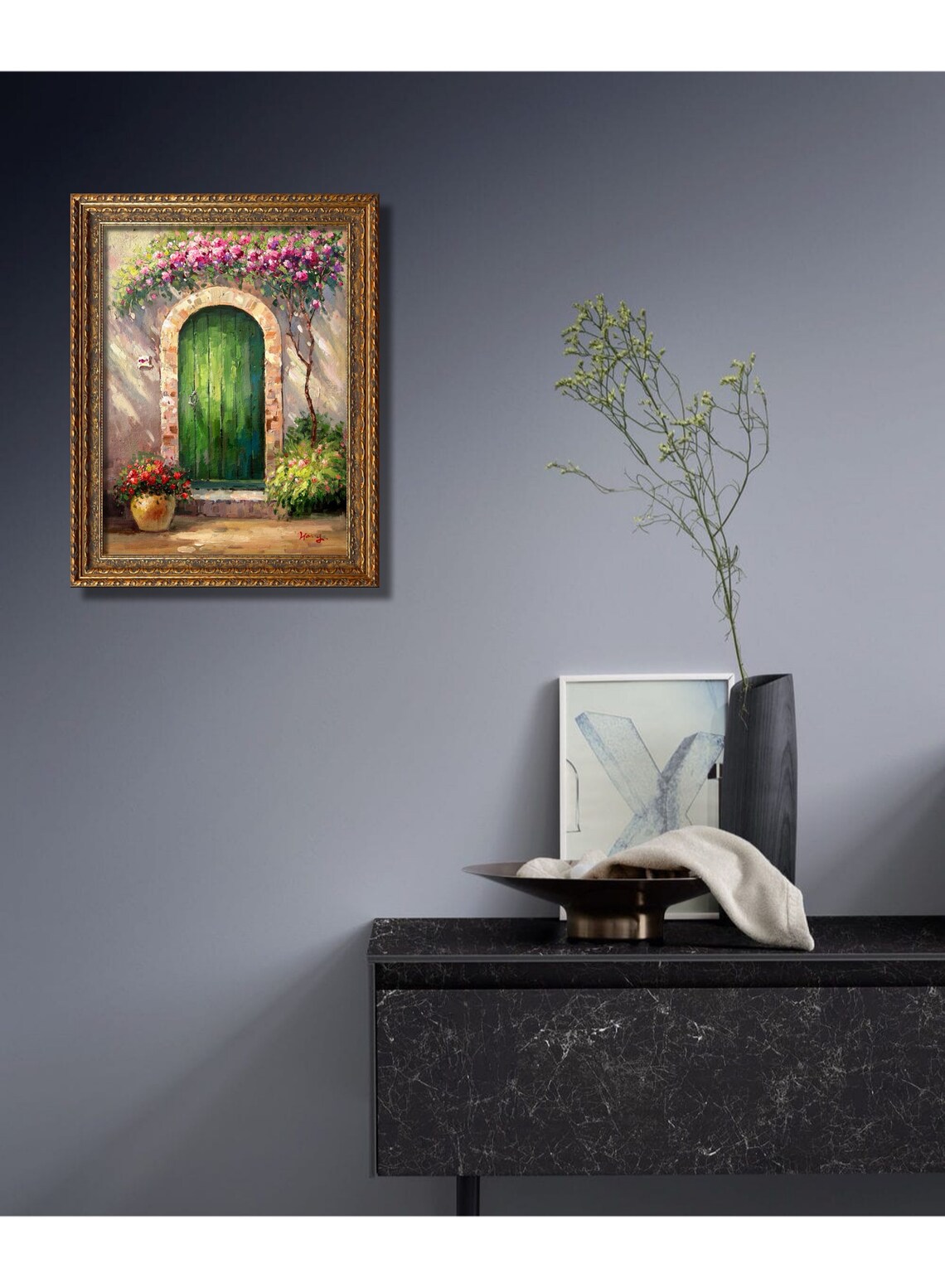 Mediterranean Green Door With Pink Bougainvillea Flowers Oil Poster - Image 4