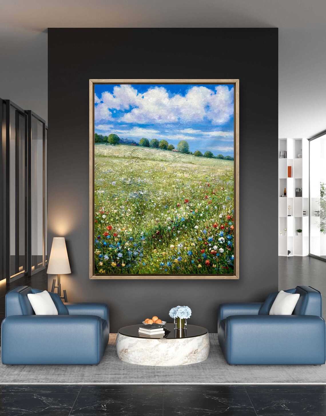 Colorful Flowers in the Field, Oil-Painting-Style Art Print