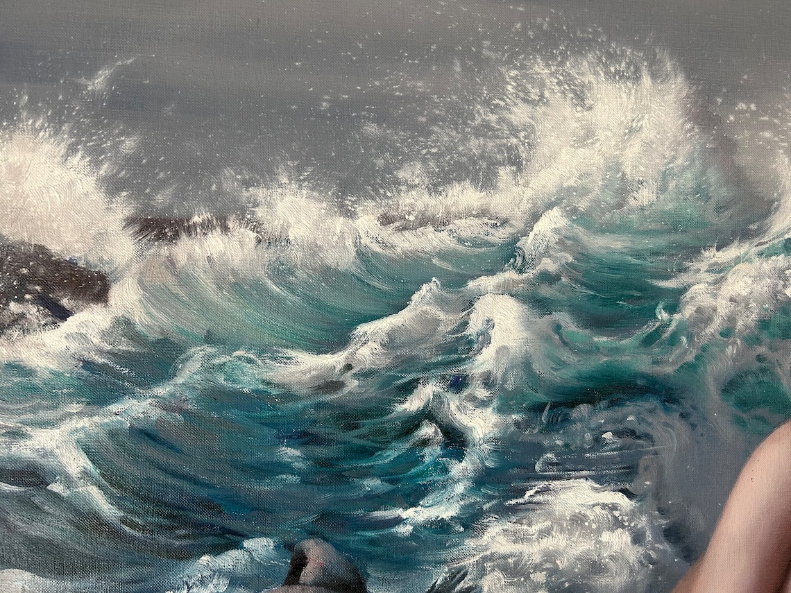 Nude Woman Beside Crashing Ocean Waves With Raven Oil Painting Print - Image 4