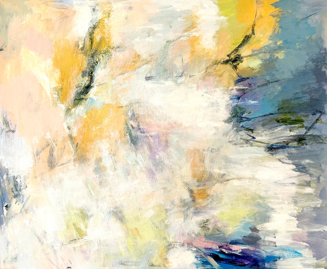 Abstract Pastel Painting Soft Yellow Blue White Modern Art Poster