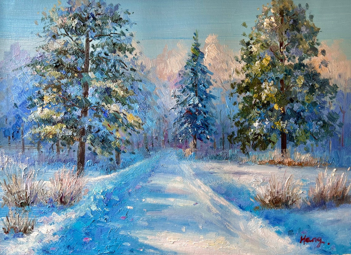 Snowy Winter Forest Path Blue Pines Snow Landscape Oil Poster