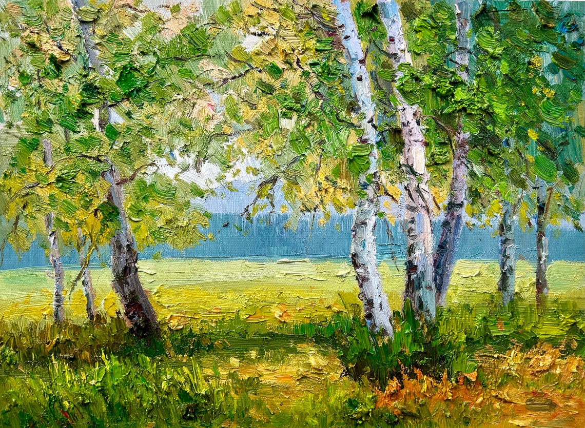 Summer Birch Grove Lush Green Impasto Forest Landscape Poster