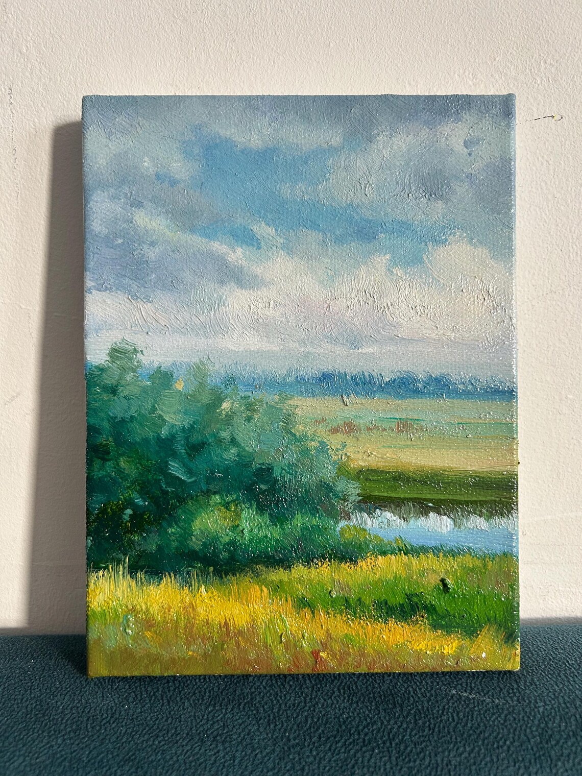 Summer River Meadow Oil Painting Green Banks Blue Sky Calm Water Poster - Image 4