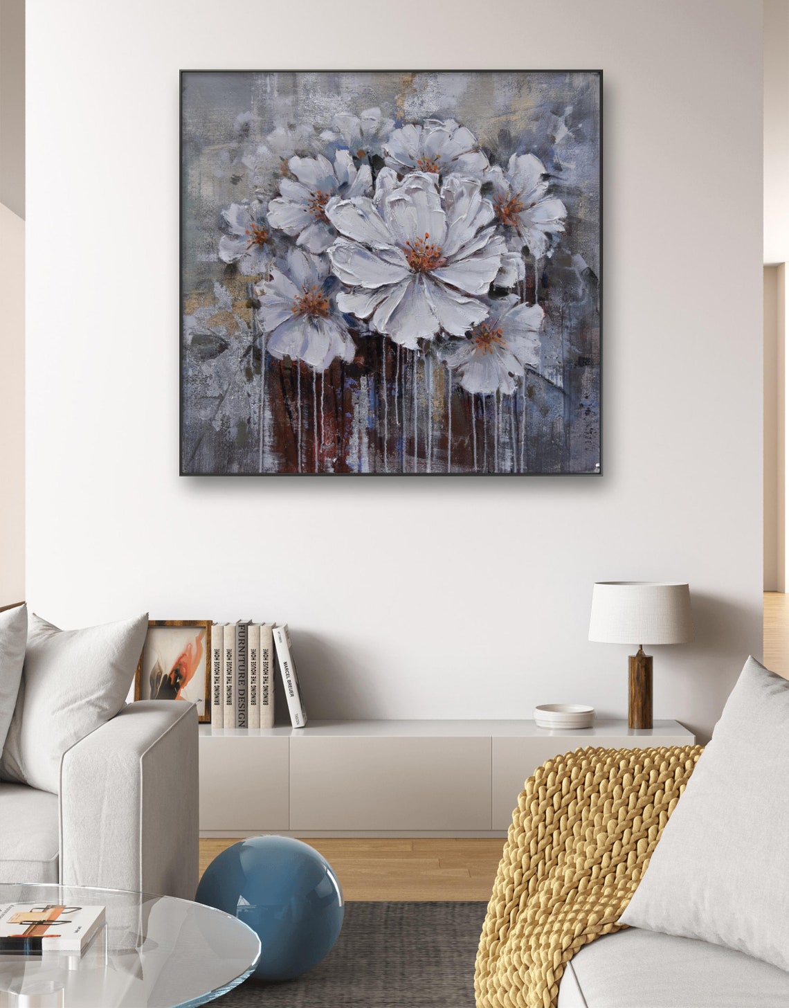 White Flowers With Gold Drips Modern Abstract Floral Painting Print - Image 2