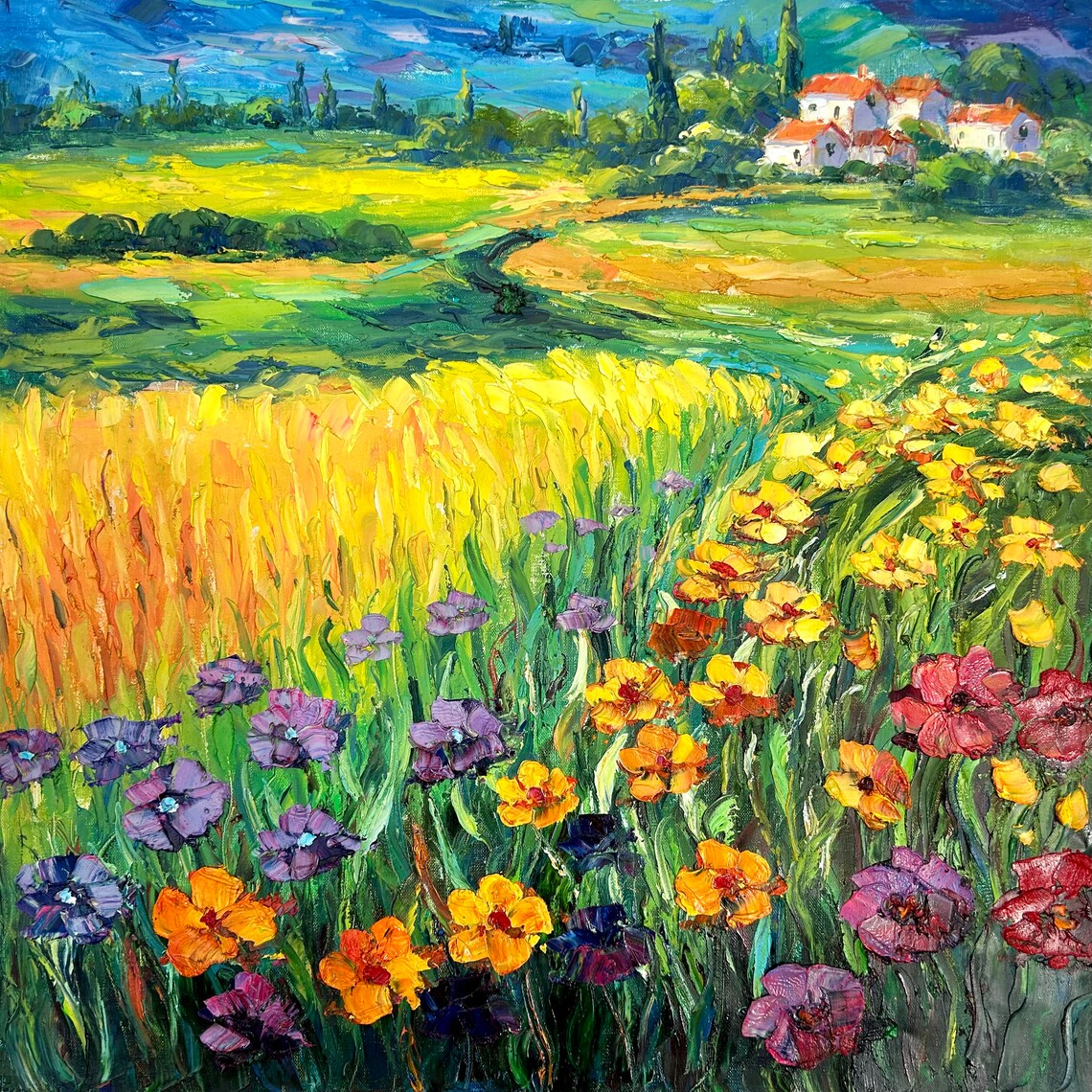 Mountain Valley Farmhouse With Colorful Wildflower Field Oil Poster - Image 3
