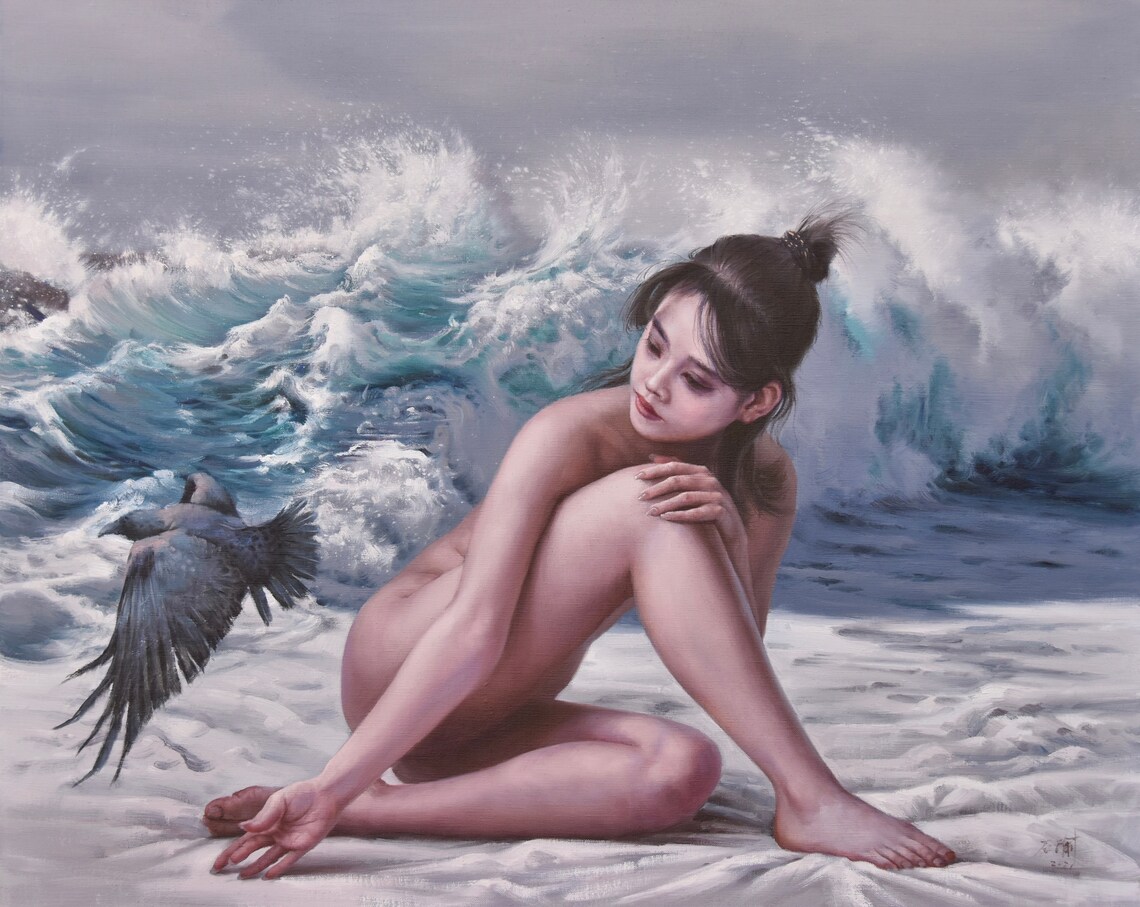 Nude Woman Beside Crashing Ocean Waves With Raven Oil Painting Print