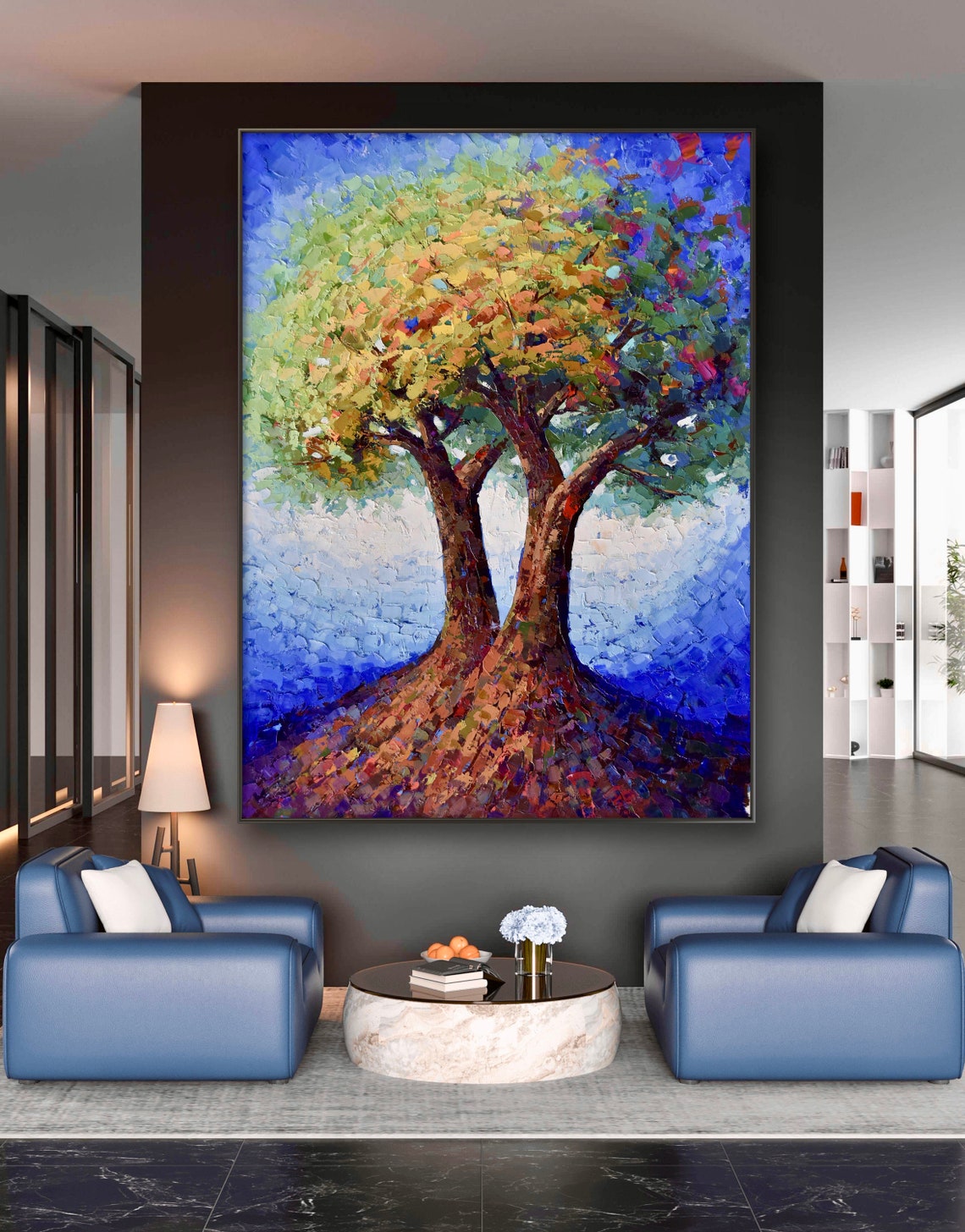 Colorful Tree Of Life Palette Knife Painting On Deep Blue Print - Image 3