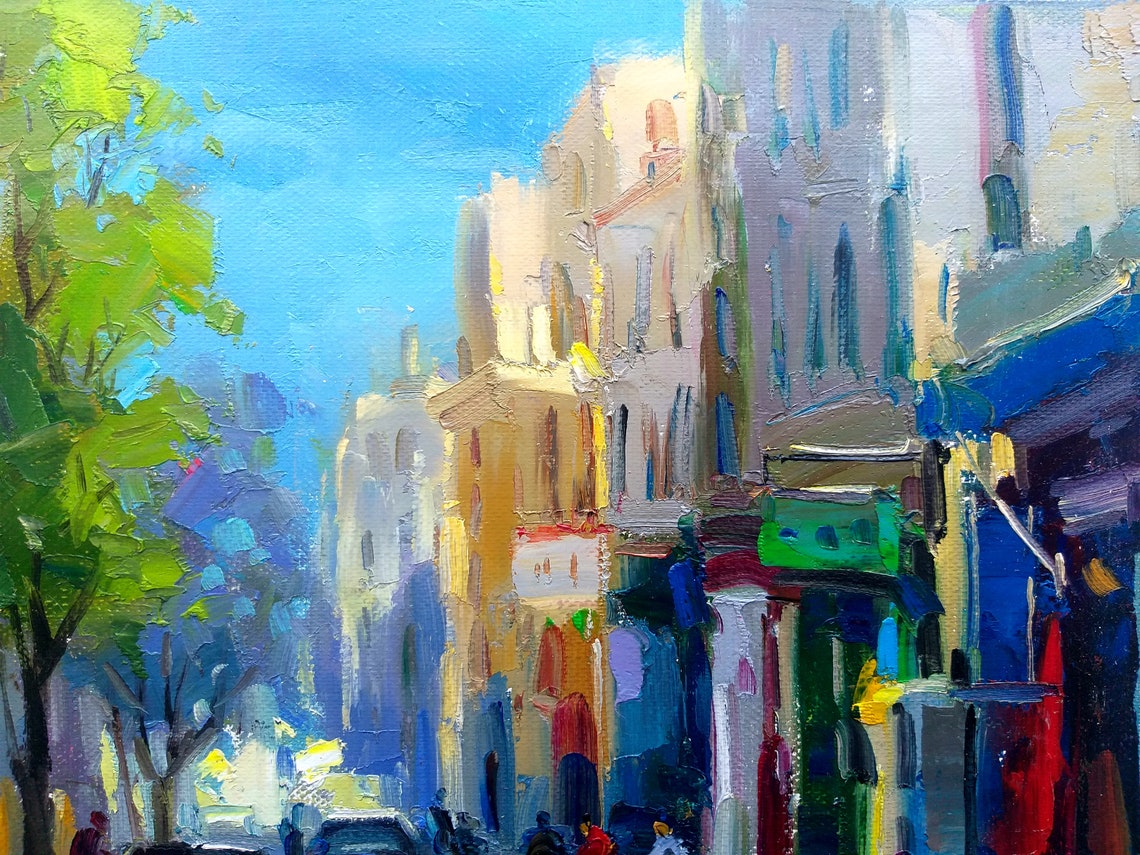 Sunny Tree Lined City Street Avenue Shops Cars Bright Urban Poster - Image 2