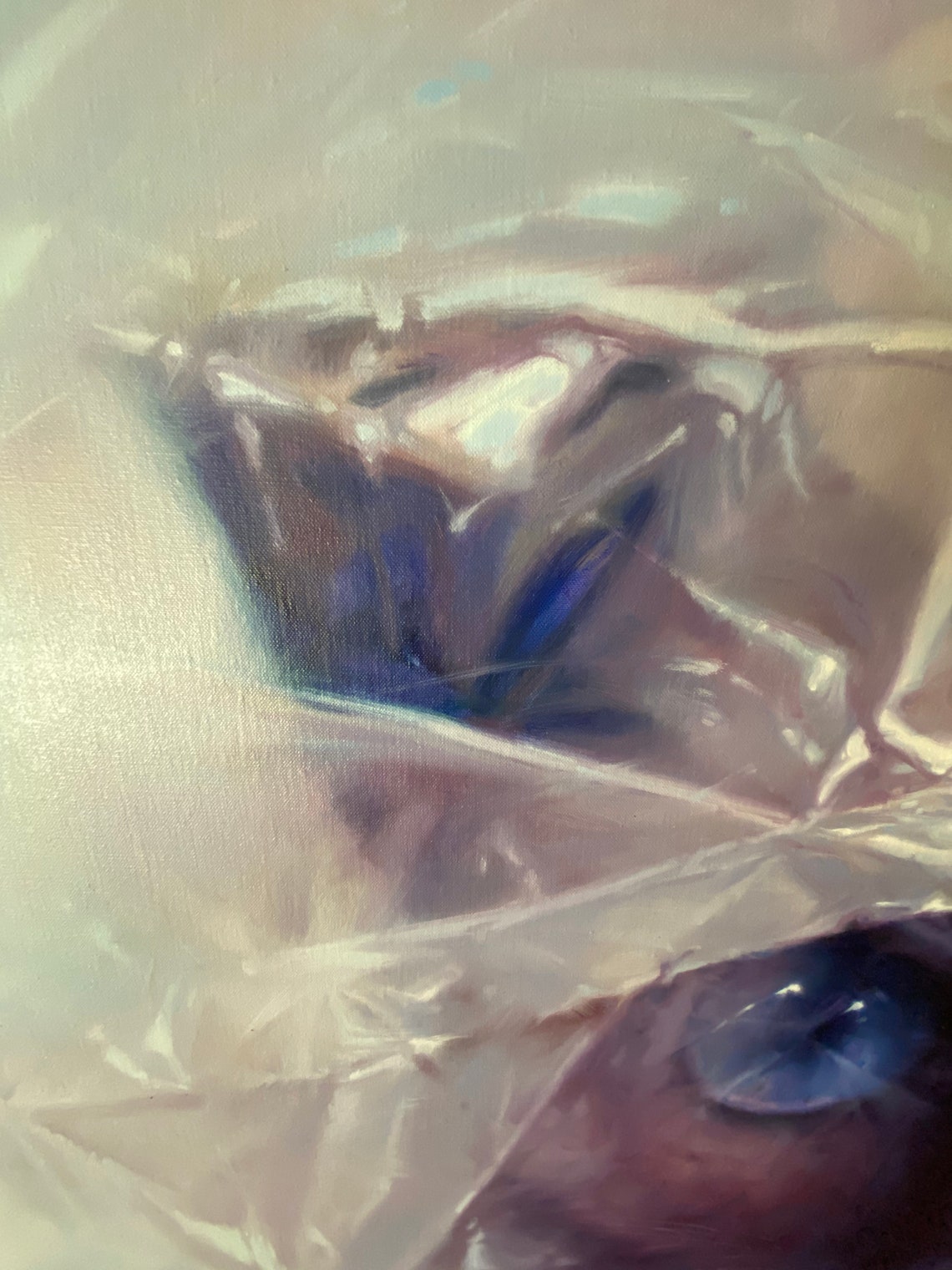 Siamese Cat Blue Eyes Peeking Through Plastic Sheet Oil Painting Print - Image 4