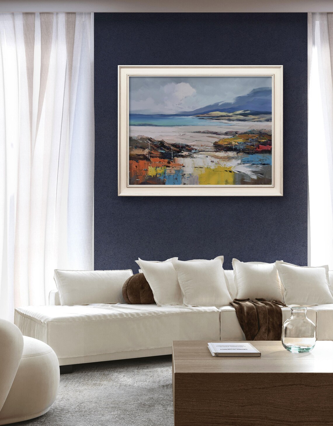 Abstract Coastal Seascape With Mountains Blue And Gold Oil Poster - Image 5