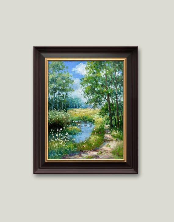 Field Landscape Oil Painting With Pond Original Oil Painting Wall Art Natural Scenery On Home Decoration Painting