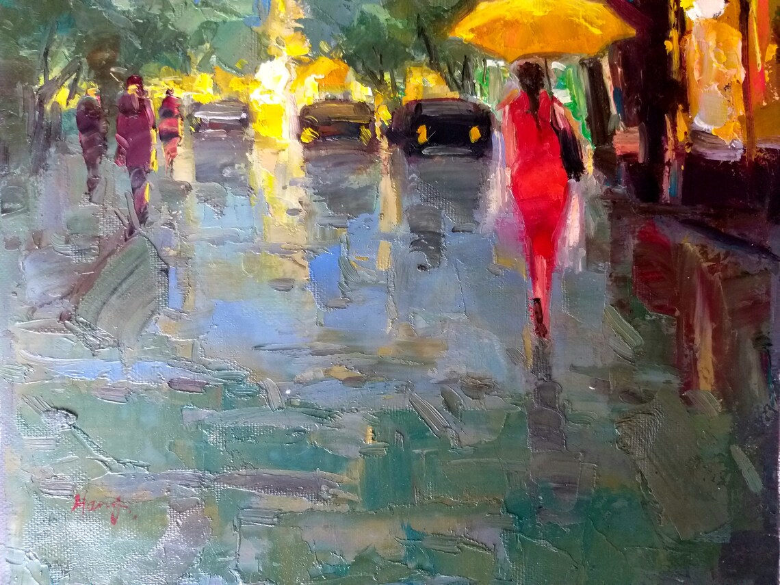 Rainy City Street Yellow Umbrella Red Dress Night Lights Poster - Image 3