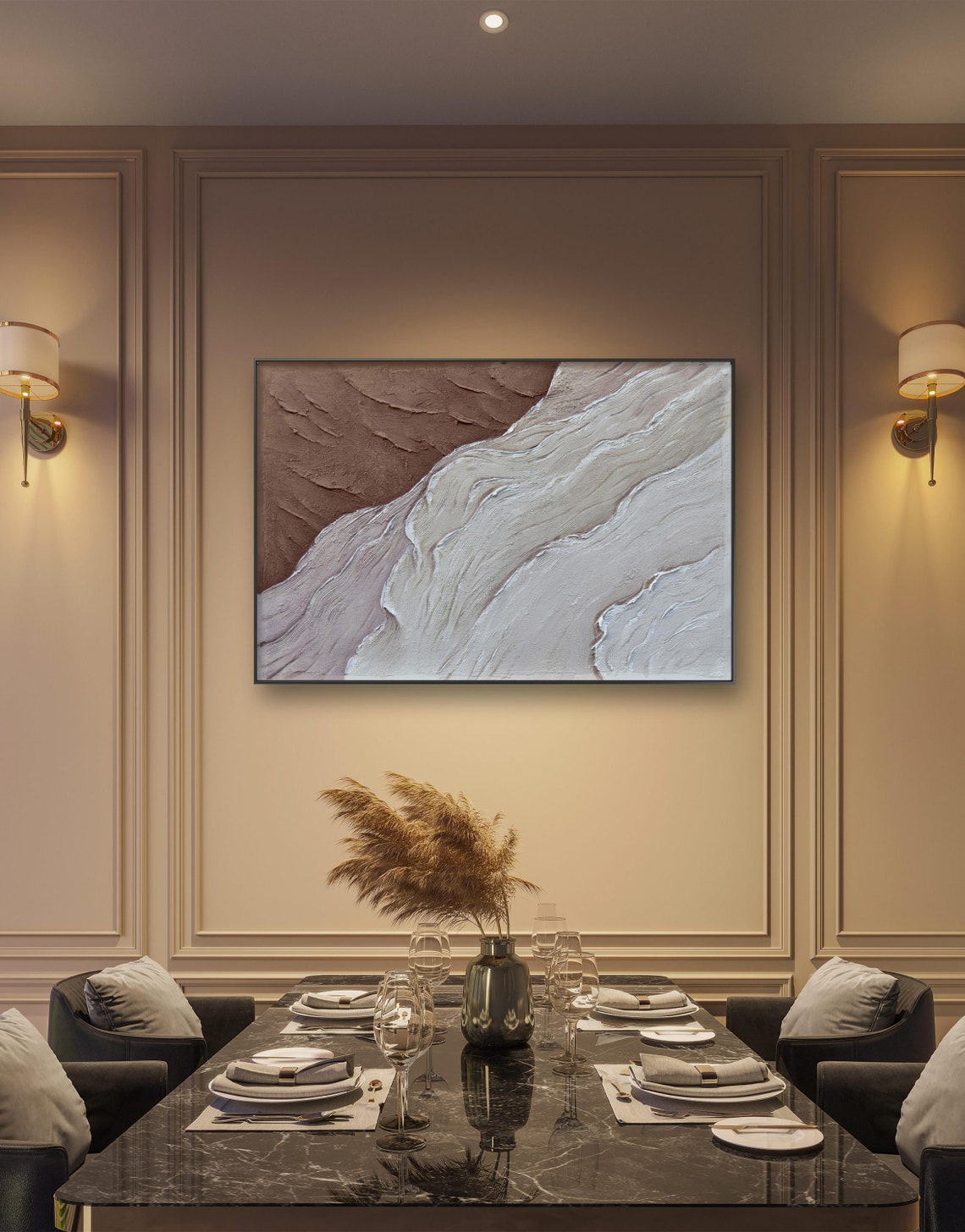 Minimalist Brown And White Textured Wave Abstract Painting Print - Image 4