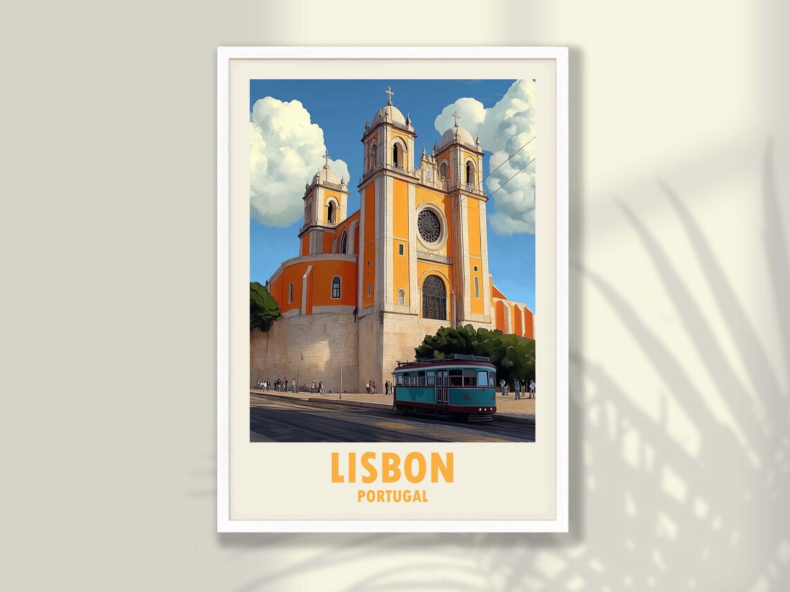 Lisbon Portugal Cathedral Yellow Tram Historic Street Poster