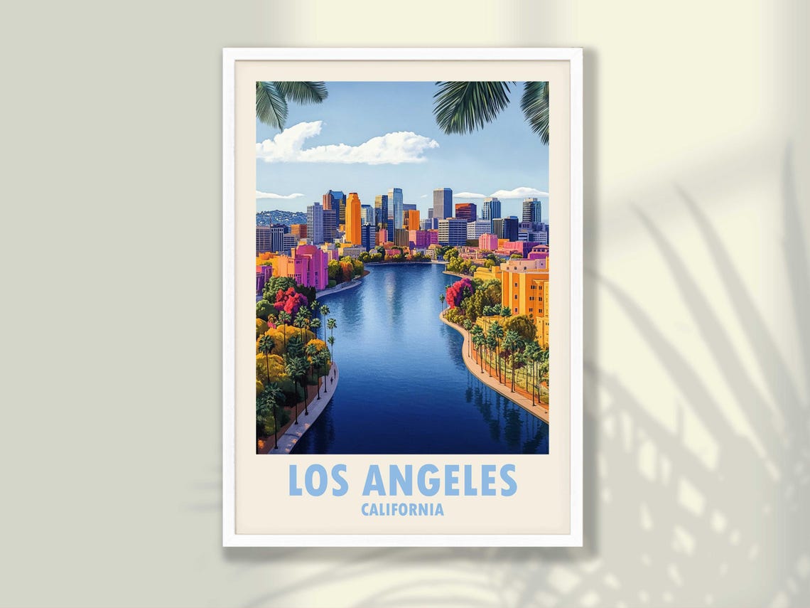 Los Angeles California Daytime Skyline River Palm Trees Poster