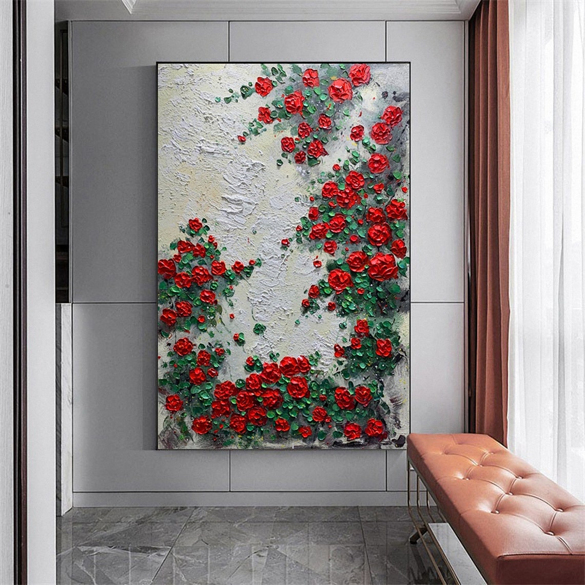 Large 3d Red Rose Flower Oil Painting On Abstract Floral Wall Art Living Room Wall Decor Palette Knife Painting Impasto Oil Painting - Image 5