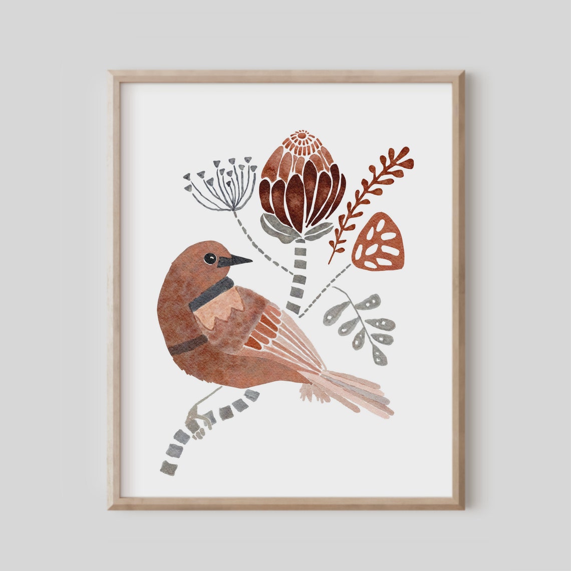 Rust Watercolor Bird Protea Folk Art Rustic Botanical Wall Print