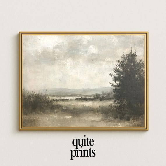 Neutral Countryside Landscape Print Soft Trees Wall Art Rustic Painting