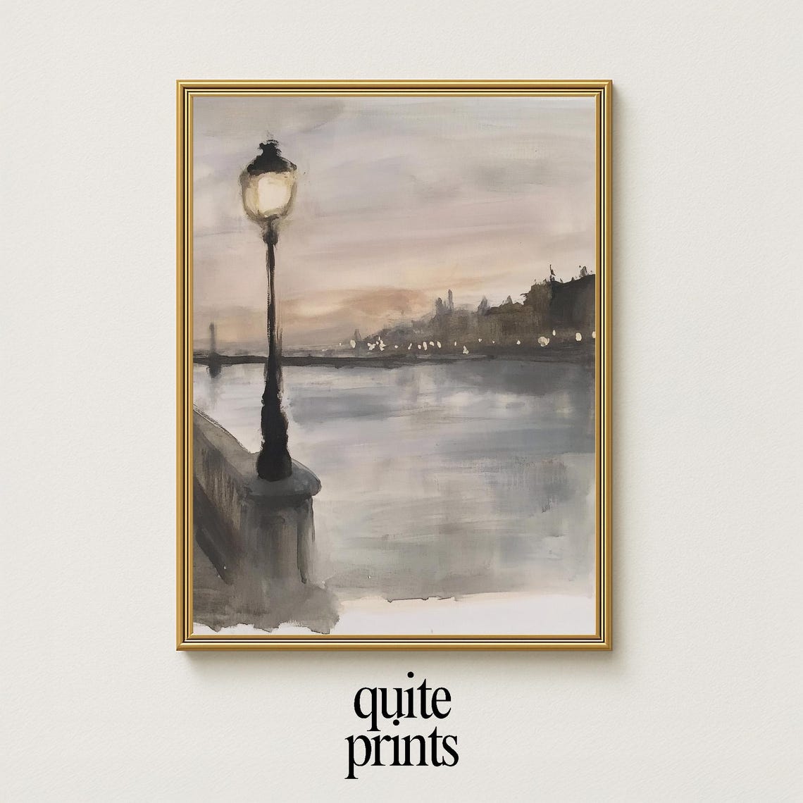 Street Lamp River Dusk Watercolor City Lights Romantic Evening Poster