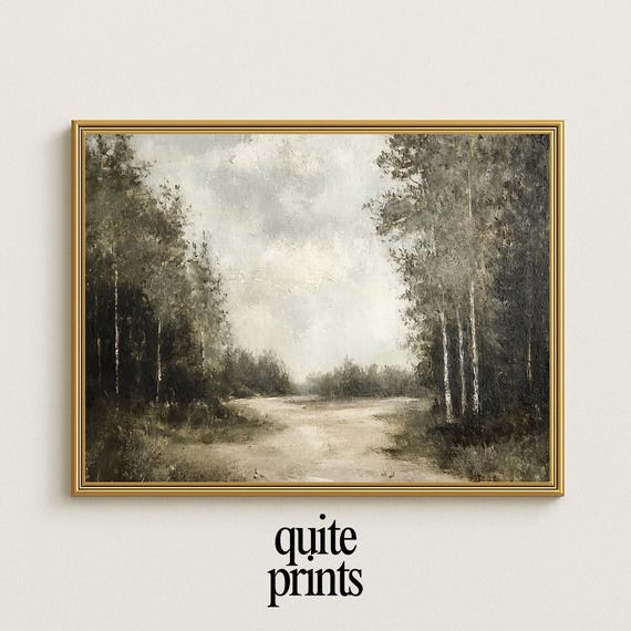 Rustic Forest Wall Decor Gift Neutral Landscape Painting Minimalist Countryside Path Print Moody Cabin