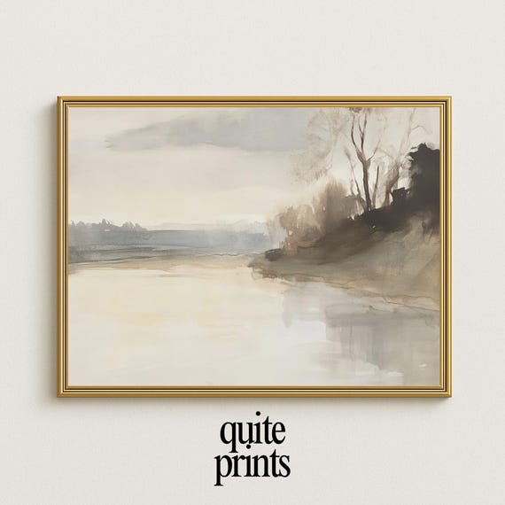 Serene Riverside Landscape Print Soft Tones Minimal Watercolor Lake Scene Wall Art