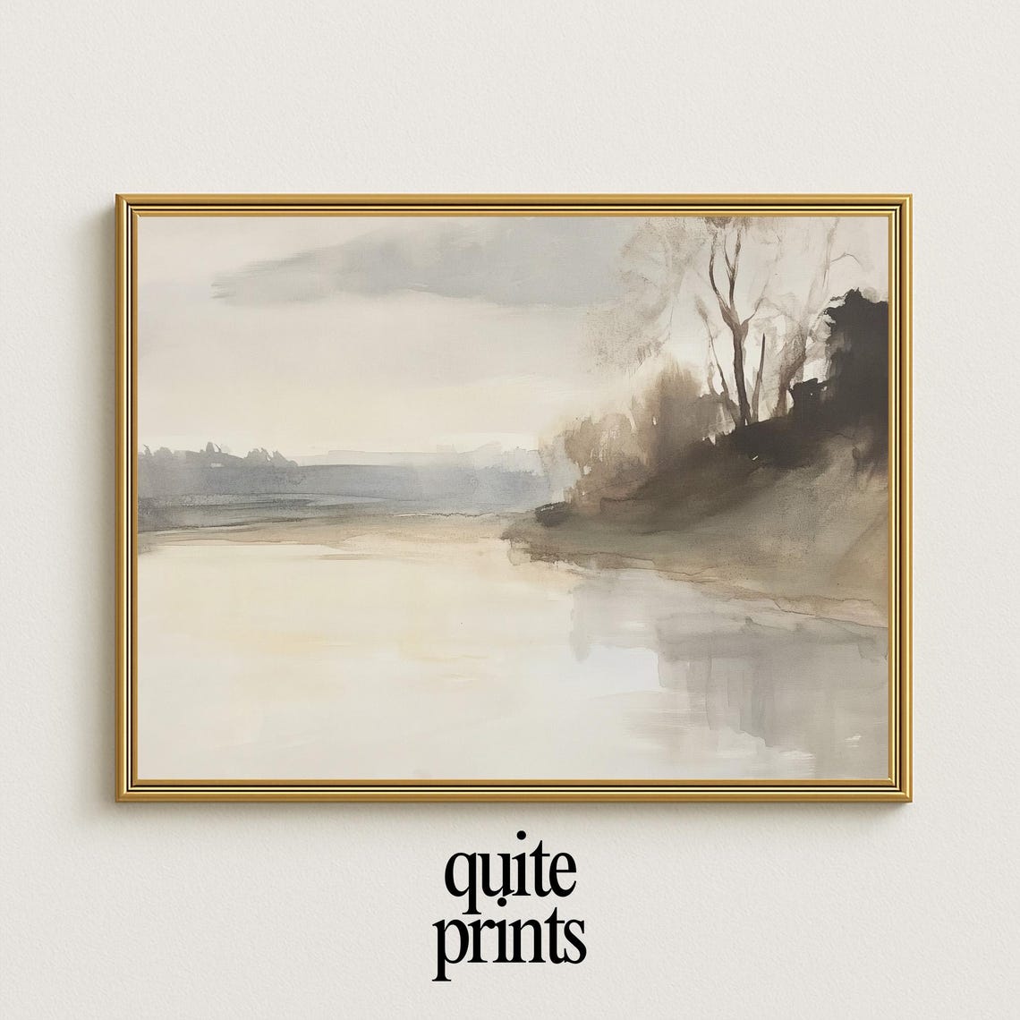 Misty Riverside Watercolor Minimalist Beige Tones Landscape Poster